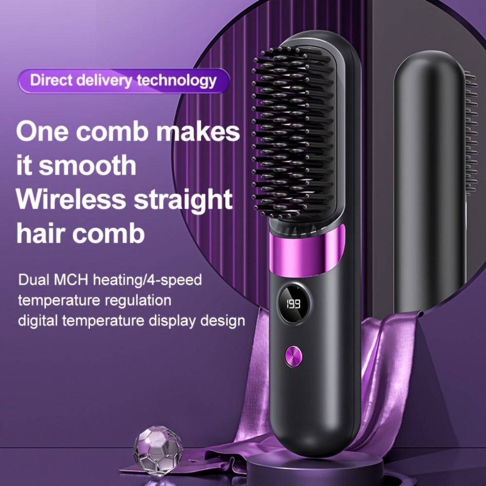 Cordless Hair Straightening Brush USB Rechargeable Portable Heated Straightener Comb Mini, for Home, Travel and Salon Hair Styling