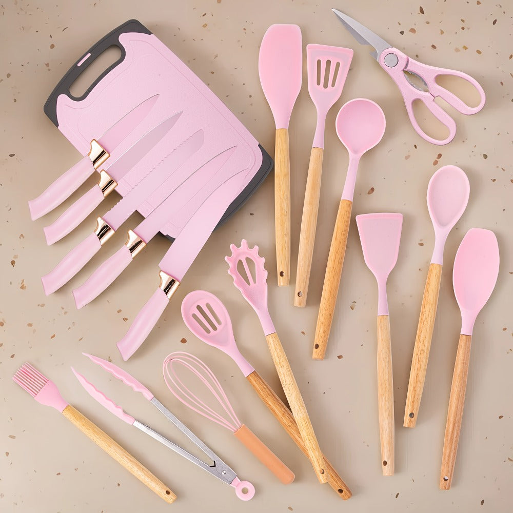 Kitchen Knife Set 19-Piece with Stainless Steel Blades, Wood Handles, Silicone Utensils, Board, Shears and Holder