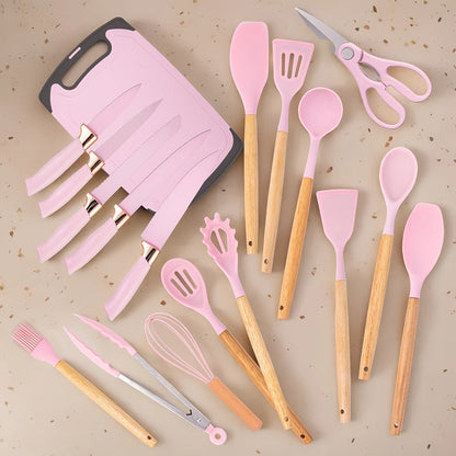 Kitchen Knife Set 19-Piece with Stainless Steel Blades, Wood Handles, Silicone Utensils, Board, Shears and Holder