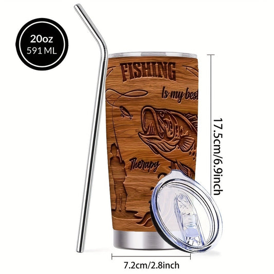 20oz Brown Fisherman-Graphic Tumbler with Clear Lid, Metal Straw and 7.2 x 17.5 cm Pictured Size