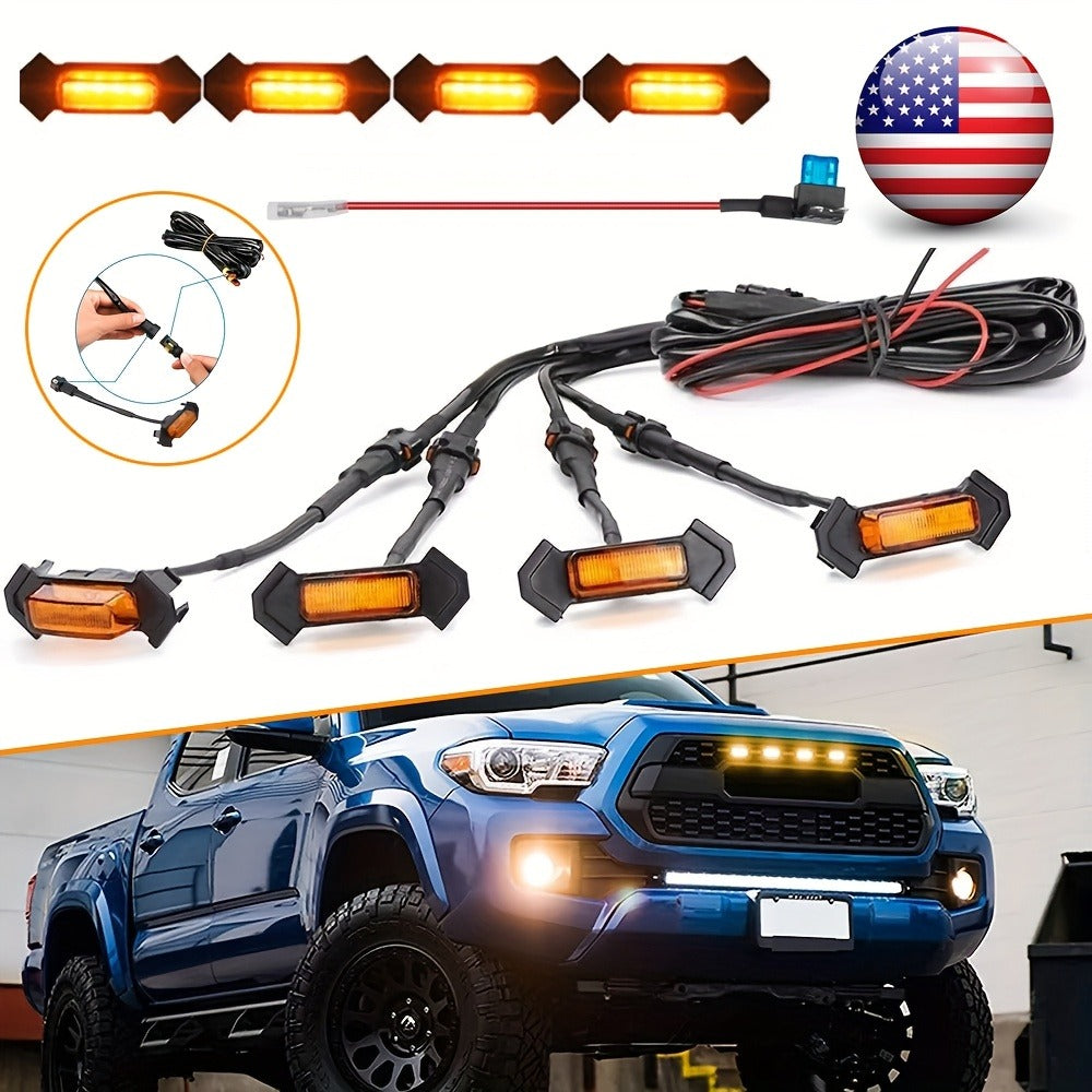 Grille LED Lights 4pcs – Amber Yellow 12V Front Grille Decorative Lights, Black Shell, Universal Fit for Toyota