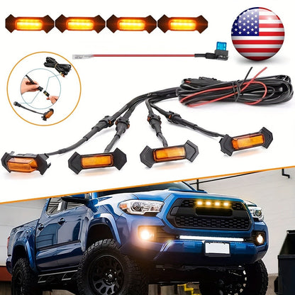 Grille LED Lights 4pcs – Amber Yellow 12V Front Grille Decorative Lights, Black Shell, Universal Fit for Toyota