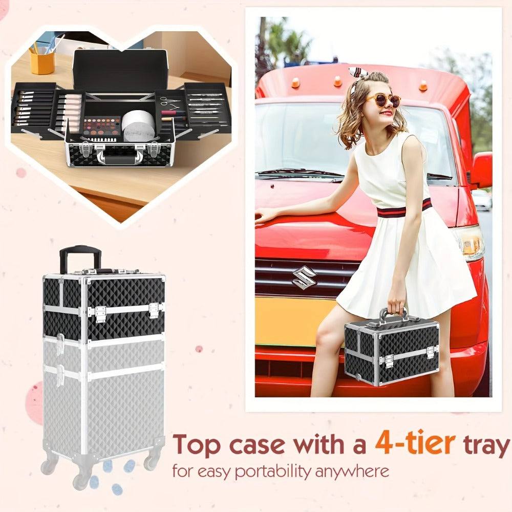 Three-Section Rolling Makeup Train Case with Telescoping Handle in Black or Pink and Sponge Set