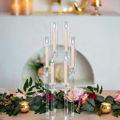 Clear Acrylic Six-Arm Candelabra with 68cm Height, 22cm Round Base and 2-, 4-, 10-, 12- or 20-Piece Options