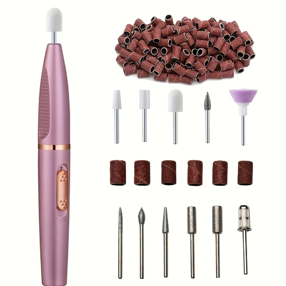 Electric Nail Drill 11-Bit Variable Speed Pen Kit in Pink with Sanding Bands and Compact Controls