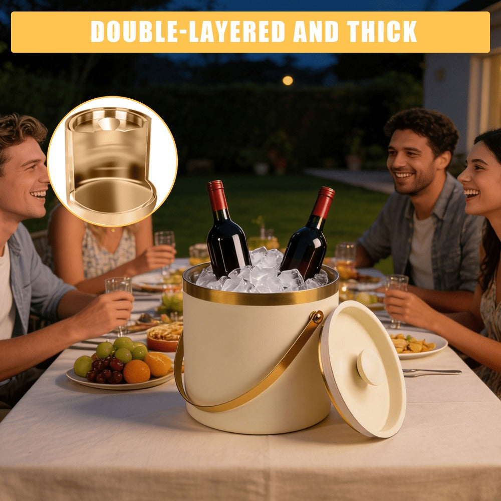 Stainless Steel Ice Bucket with Lid 44oz, 3-Layer Vacuum Insulated Large Ice Bucket with Ice Spoon & Drain