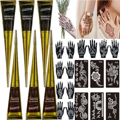 Temporary Semi-Permanent Tattoo Paste Kit - Body Art Gel in Brown & Black with Tattoo Templates