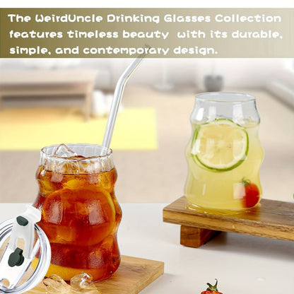 Cloud-Shaped Glass Cup Drinkware Set, 18oz U-Curve Cups with Glass Straws, Brushes and Lid Options in 4 or 6 Pieces