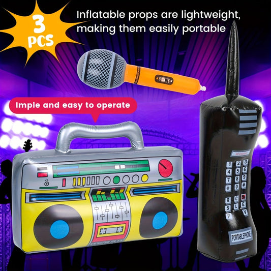 Inflatable Party Props 3 Pcs Blow Up Boombox Microphone & Retro Phone – 80s Hip Hop Theme Birthday Decorations for Graduation
