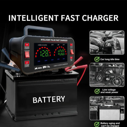 Car Battery Charger 12V/24V with LCD Display – Fast Charging Portable Maintainer for Cars, Trucks, RVs & Motorcycles, Overcharge Protection