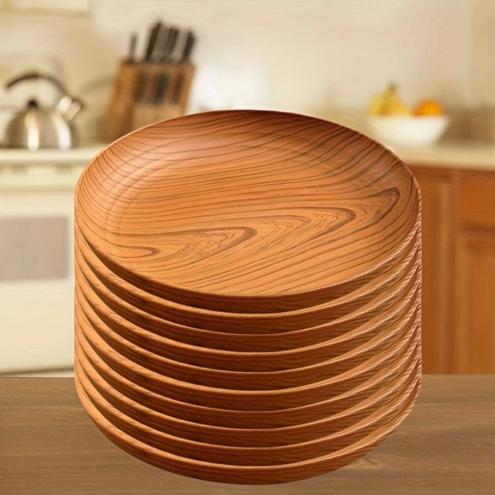 10pcs Wood Grain Dinner Plates Set – Round Striped Plastic Serving Trays for Home Kitchen Dessert Shop Restaurant
