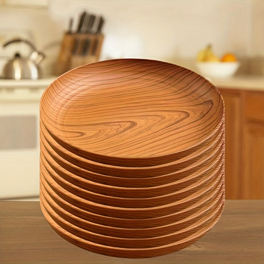 10pcs Wood Grain Dinner Plates Set – Round Striped Plastic Serving Trays for Home Kitchen Dessert Shop Restaurant