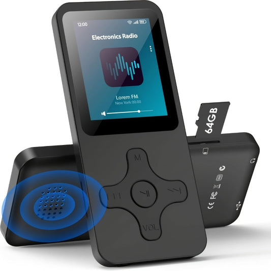 Bluetooth 5.0 MP3 Player with 64GB Micro SD Card, Built-In Speaker, FM Radio, Voice Recorder, E-Book & Photo Viewer