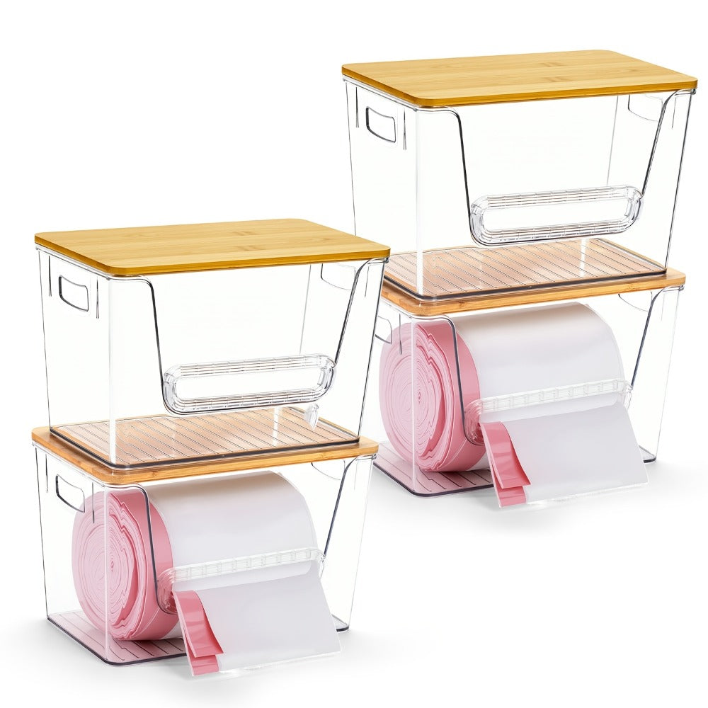 Clear Stackable Trash Bag Roll Dispenser with Bamboo Lid and One-, Two- or Four-Pack Options