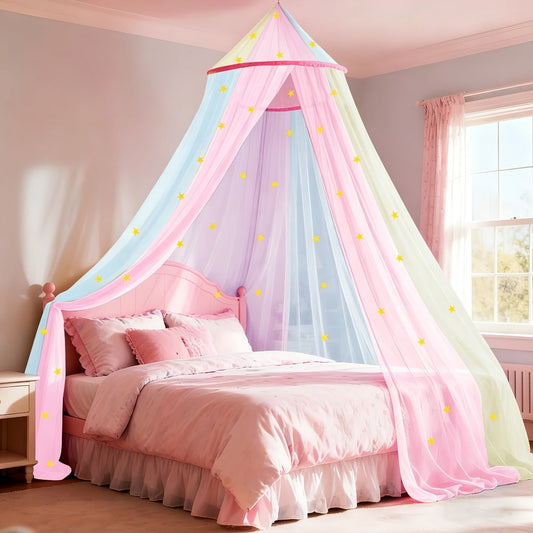 Bed Canopy for Girls Princess Rainbow Glow in the Dark Stars Colorful Canopy Curtain Fits for Entryways, Bedrooms and Living Spaces