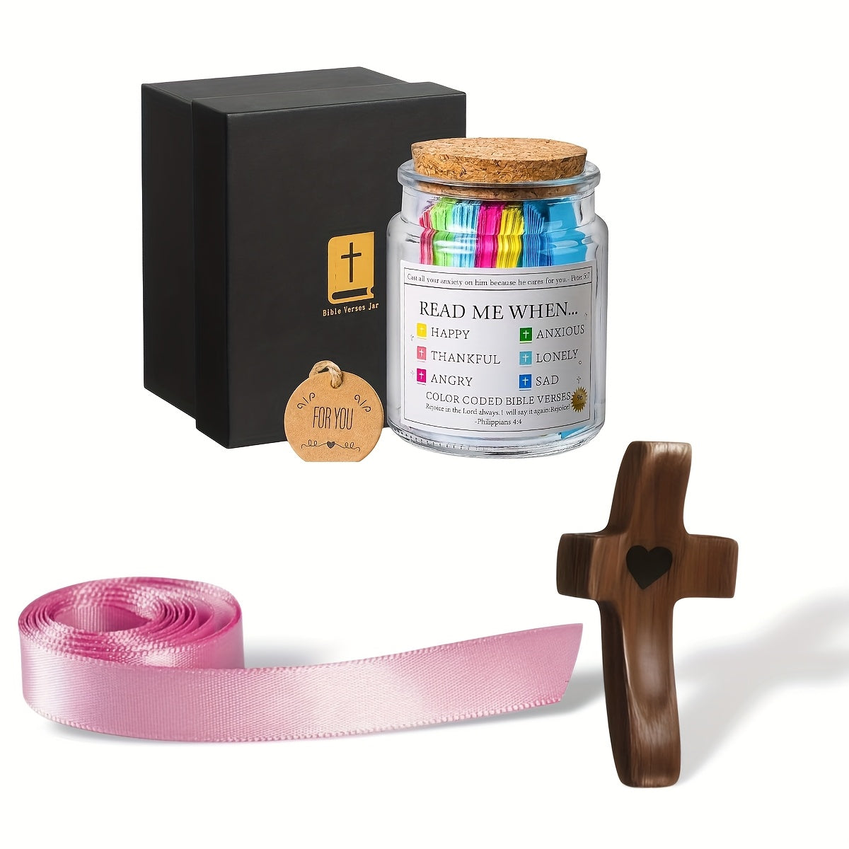 Bible Verse Jar with Handmade Wooden Cross 92 Scripture Cards Christian Gift Set for Women – Easter, Christmas, Birthday