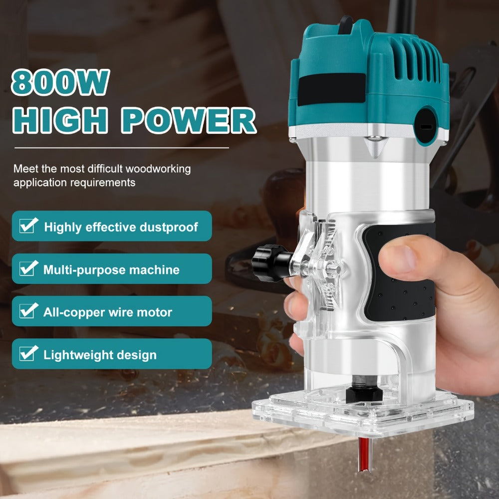 Six-Speed 800W Laminate Trimmer with Clear Base, Shaft Lock and Guide Accessories in Blue Housing