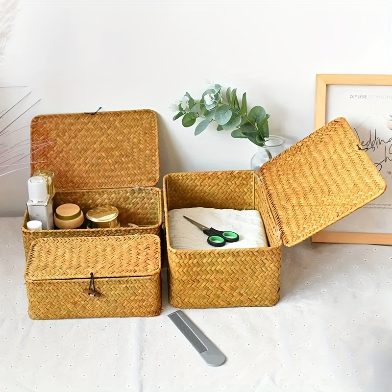 Rattan Storage Baskets Set of 3 with Lattice Lids and Label Holders in Graduated Sizes for Home Organization