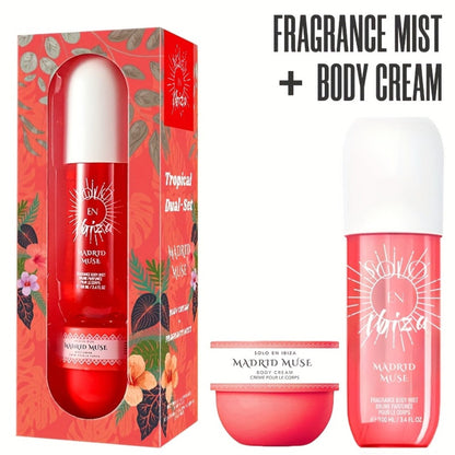 Body Hair Fragrance Mist Gift Set 2-Piece SOLO EN IBIZA Perfume Mist Body Cream Vanilla Fruit for Bath Time, Home Spa and Personal Care
