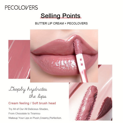 Lip Gloss Set by PECOLORS with 6 Nude Butter Lip Cream Shades, Tube Applicators and Display Box