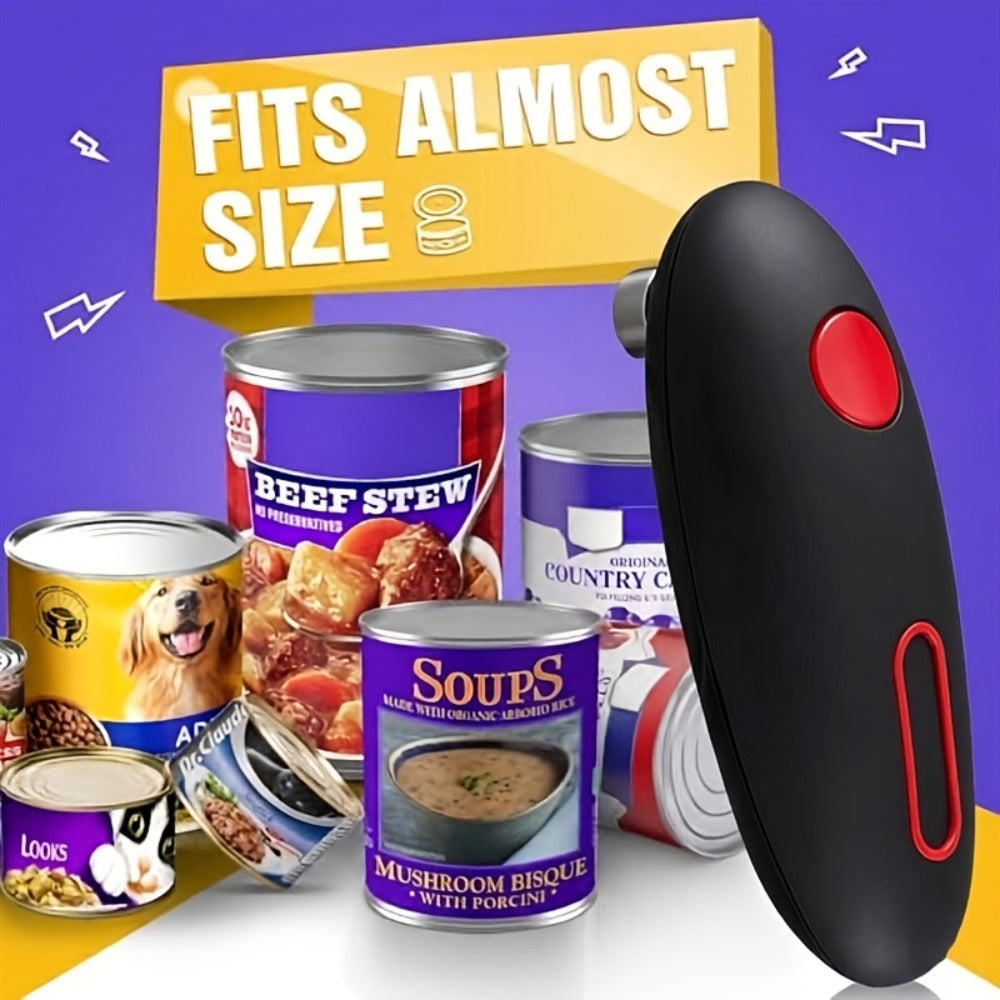 Elongated Cordless Can Opener with Raised One-Click Button in Red or Black Battery-Powered Models