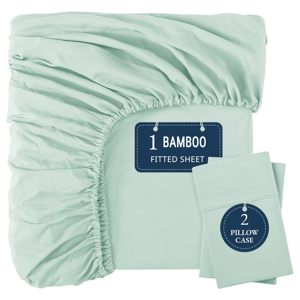 Bamboo Fitted Sheet Set 3-Piece – Cooling Breathable Soft Deep Pocket Bed Sheets, Twin Full Queen King, 12 Colors – Fits Mattress Up to 15"