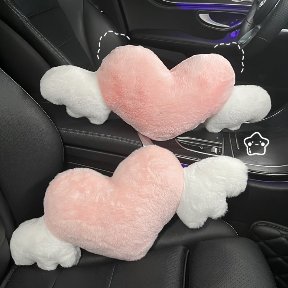 Car Headrest Neck Pillow Heart Shape with Angel Wings – Cute Plush Lumbar Cushion & Seat Back Pillow, Car Interior Decor Accessory