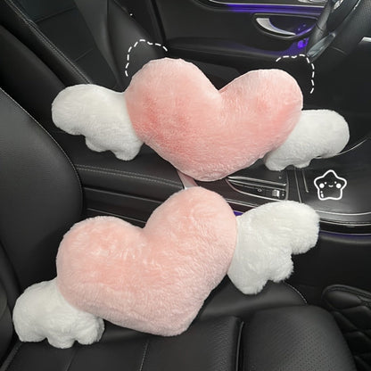Car Headrest Neck Pillow Heart Shape with Angel Wings – Cute Plush Lumbar Cushion & Seat Back Pillow, Car Interior Decor Accessory