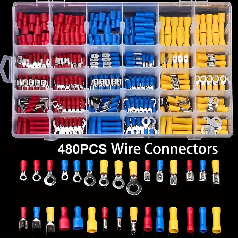 480PCS Wire Terminals Kit, Insulated Crimp Connectors Set with Butt, Ring, Spade & Fork Terminals for Automotive