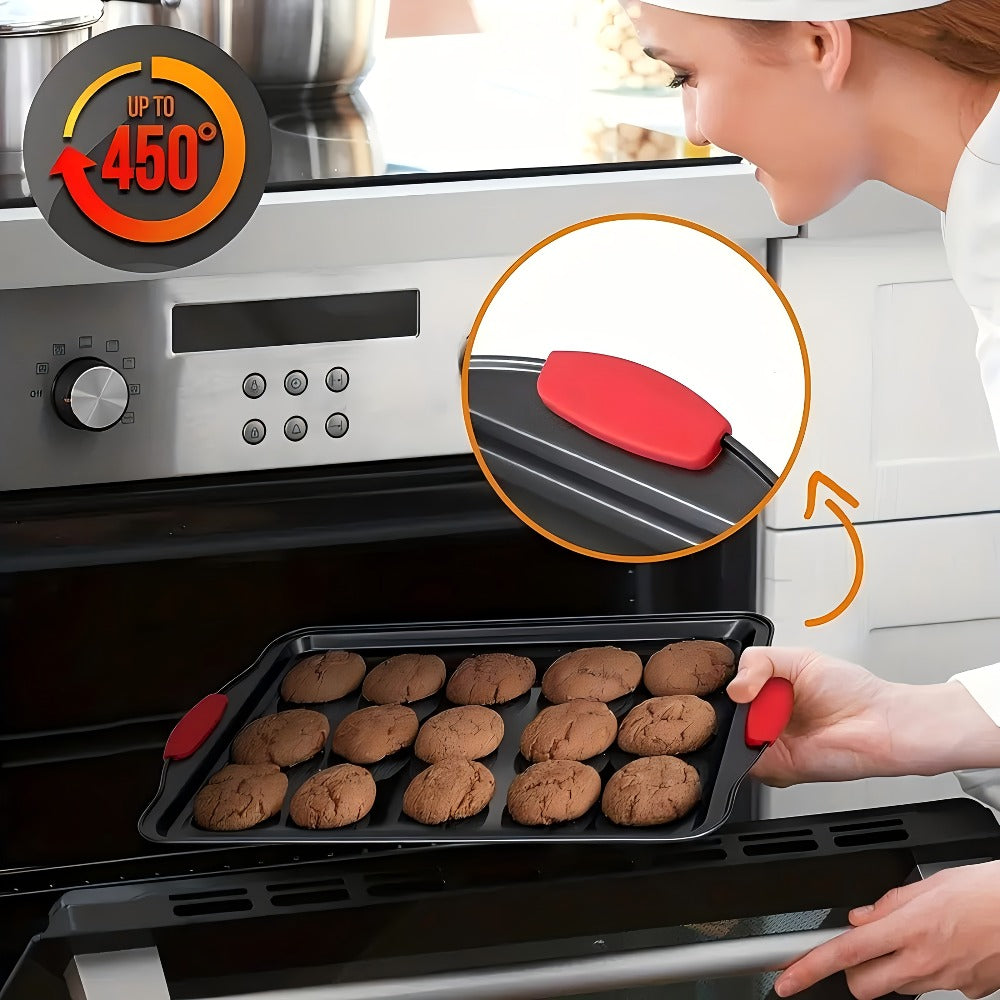 Three-Piece Black Baking Sheet Set with Red Grip Tabs in Small, Medium and Large Nesting Sizes