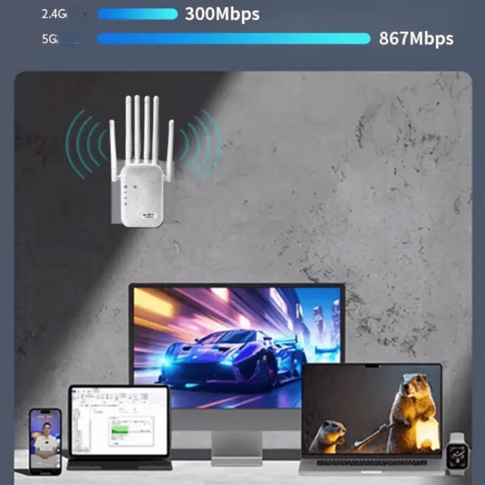 Ourlife WiFi Extender 11000 Sq Ft 6-Antenna 360° - 2.4GHz Signal Enhancer with Ethernet Port, Plug and Play