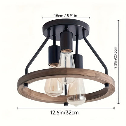 Farmhouse Semi Flush Ceiling Light 3-Bulb Wood & Metal - Rustic Industrial Ceiling Lamp for Home Cooking, Dining and Outdoor Meals