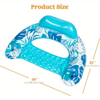 Leaf Print Inflatable Pool Chair Pair with Cup Holders, Blue and Pink 49 x 35 Inch Seats for Adult Lounging