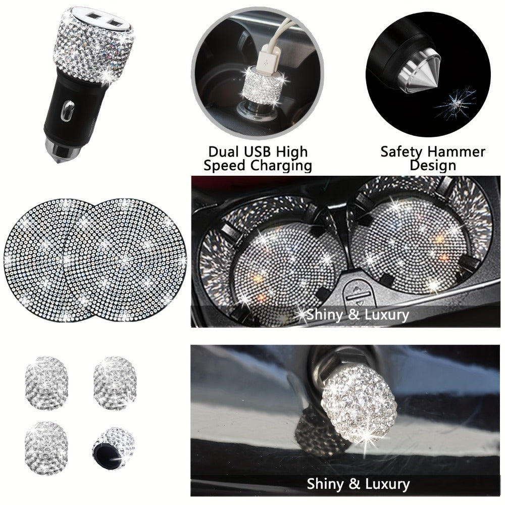 30-Piece Bling Car Interior Accessories Set with 15-Inch Steering Wheel Cover, Seat Belt Pads and Trim