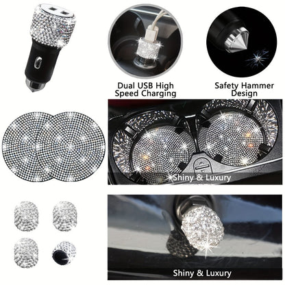 30-Piece Bling Car Interior Accessories Set with 15-Inch Steering Wheel Cover, Seat Belt Pads and Trim