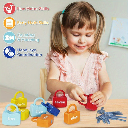 Preschool Math Lock and Key Counting Toy 10 Sets – Number Recognition Manipulative for Kids Ages 3-5, Color-Coded Kindergarten Math