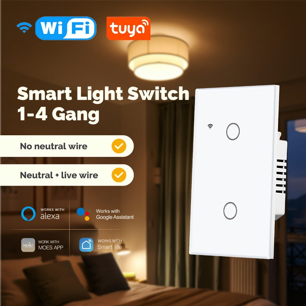 No Neutral Wire Smart Touch Wall Switch MOES WiFi 1/2/3 Gang Single Fire, Works with Alexa & Google Home