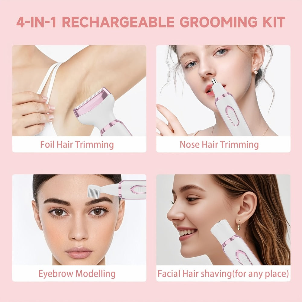 4-in-1 Electric Hair Remover for Women USB Rechargeable Shaver Trimmer – Eyebrow Nose Face Leg Bikini Line Underarm Peach Fuzz Removal