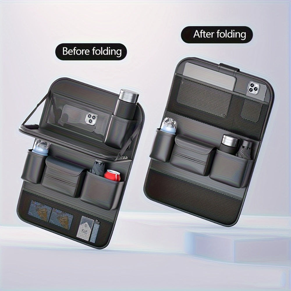 Seatback Car Organizer with Fold-Down Tray, Cup Recesses, Tissue Opening and One- or Two-Piece Packs