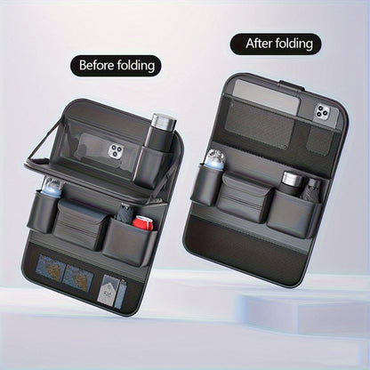 Seatback Car Organizer with Fold-Down Tray, Cup Recesses, Tissue Opening and One- or Two-Piece Packs