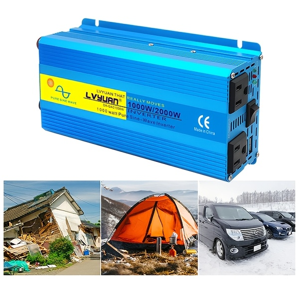 Blue 12V or 24V DC to 110V AC Power Inverter with 2000W Checkout Labels, USB Port and Battery Cables