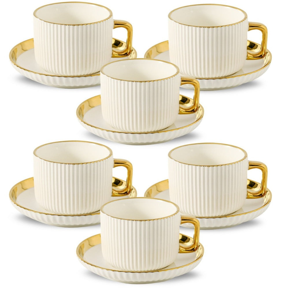 Ceramic Cappuccino Cups with Saucers Set of 6 – 8oz Coffee Mugs with Golden Trim, Latte Art Cups for Espresso Mocha
