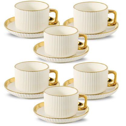 Ceramic Cappuccino Cups with Saucers Set of 6 – 8oz Coffee Mugs with Golden Trim, Latte Art Cups for Espresso Mocha