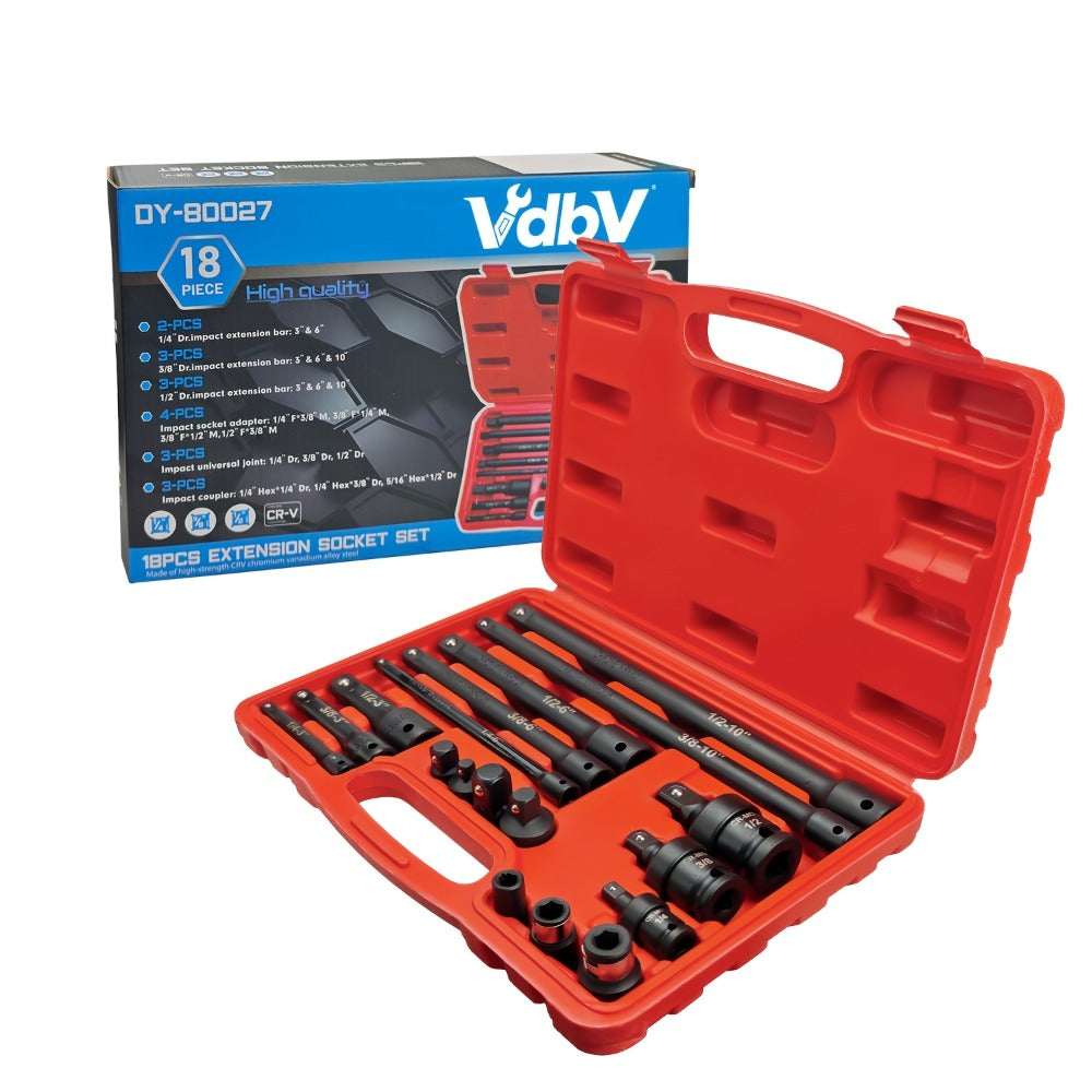 Socket Drive Accessory Kit 18-Piece – Socket Adapters, Extension Bars, Universal Joints & Impact Couplers Chrome-Moly Steel Professional