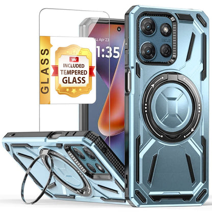 Phone Case Ring Stand Cover with Tempered Glass Protector for Moto G Power 5G 2025 in Five Colors