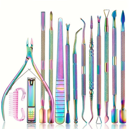 Nail Tech Kit 15pcs Professional Stainless Steel – Cuticle Nipper & Pusher Nail File Gel Polish Remover Complete Manicure Pedicure Tools