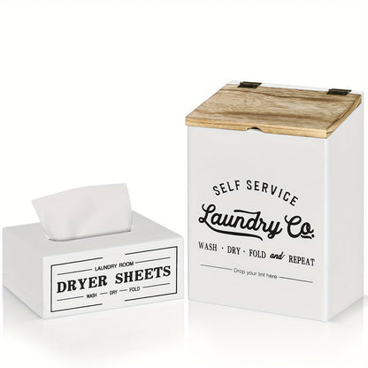 Magnetic Lint Holder & Dryer Sheet Dispenser 2-Pack, Farmhouse Wooden Lint Trash Can with Lid for Dryer