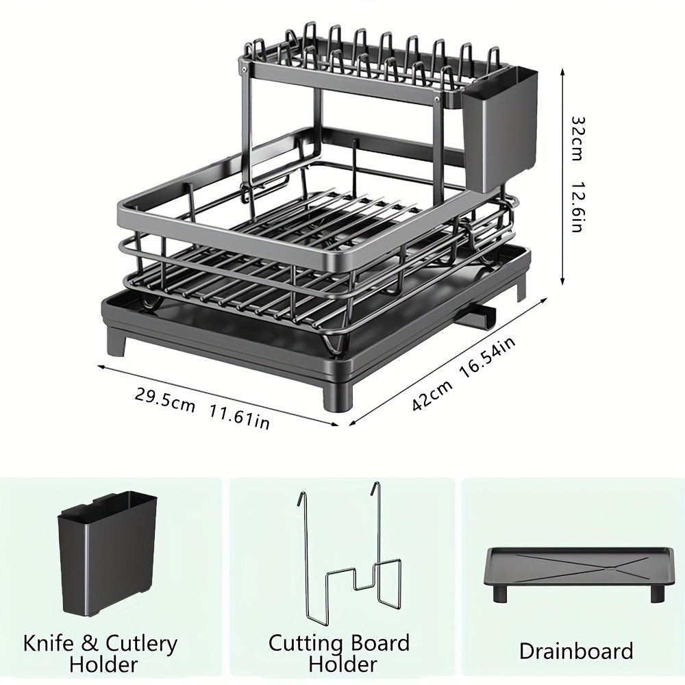 Two-Tier Dish Drying Rack Set with Metal Frame, Drainboard, Mat and Utensil and Cup Holders