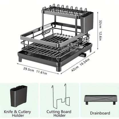 Two-Tier Dish Drying Rack Set with Metal Frame, Drainboard, Mat and Utensil and Cup Holders