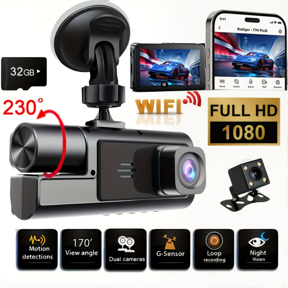 1080P-Labeled Dash Camera with Dual- or Triple-Lens Options, WiFi and 16GB, 32GB or No-Card Bundles